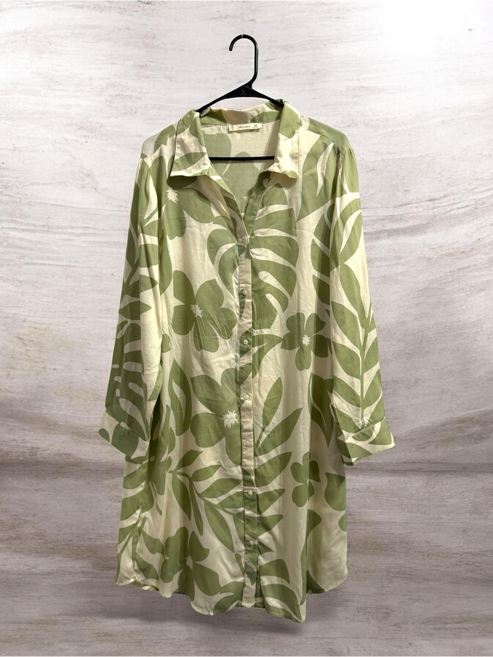 Relaxed Cream Midi Shirt Dress with Sage Leaf Print